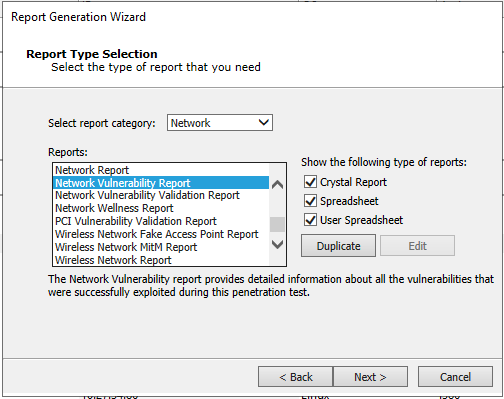 Network Report Generation RPT Report Type Selection