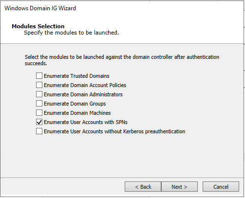 Windows Domain IG - Enumerate User Accounts with SPNs - Modules Selection