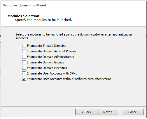 Windows Domain IG - Enumerate User Accounts without Kerberos preauthentication - Modules Selection